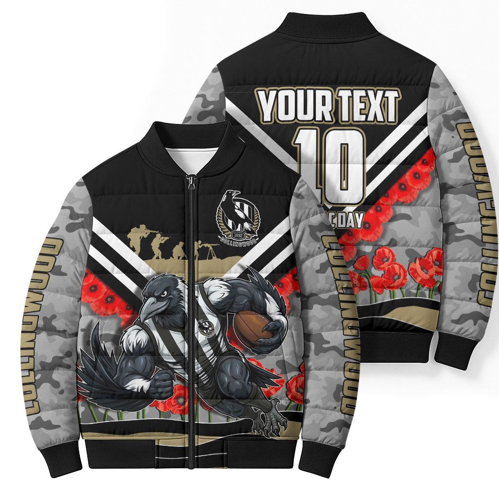 Personalised Collingwood Magpies ANZAC Bomber Puffer Jacket Military Remembrance Australian Football Mascot Camouflage