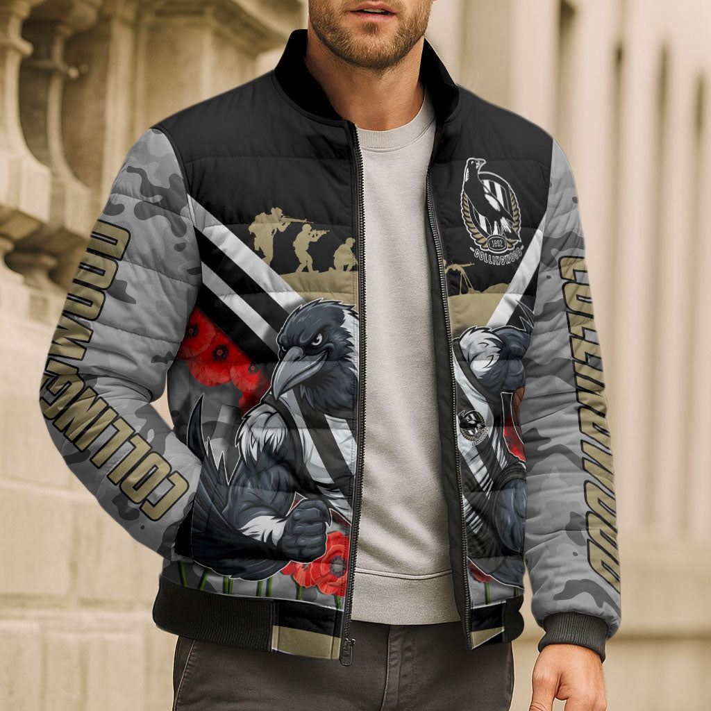 Personalised Collingwood Magpies ANZAC Bomber Puffer Jacket Military Remembrance Australian Football Mascot Camouflage