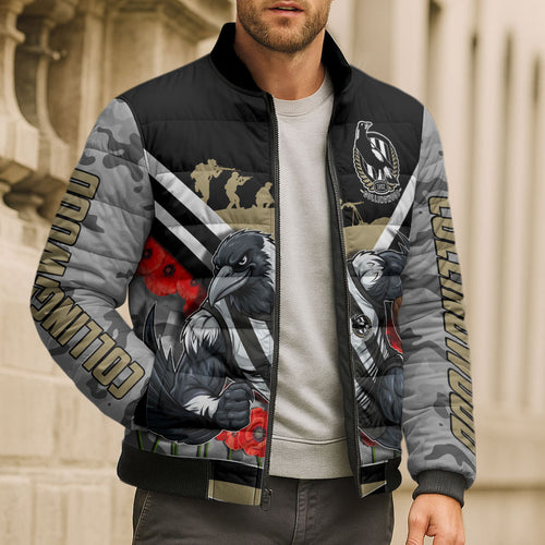 Personalised Collingwood Magpies ANZAC Bomber Puffer Jacket Military Remembrance Australian Football Mascot Camouflage