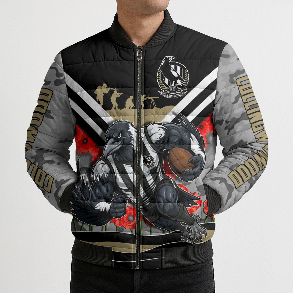Personalised Collingwood Magpies ANZAC Bomber Puffer Jacket Military Remembrance Australian Football Mascot Camouflage
