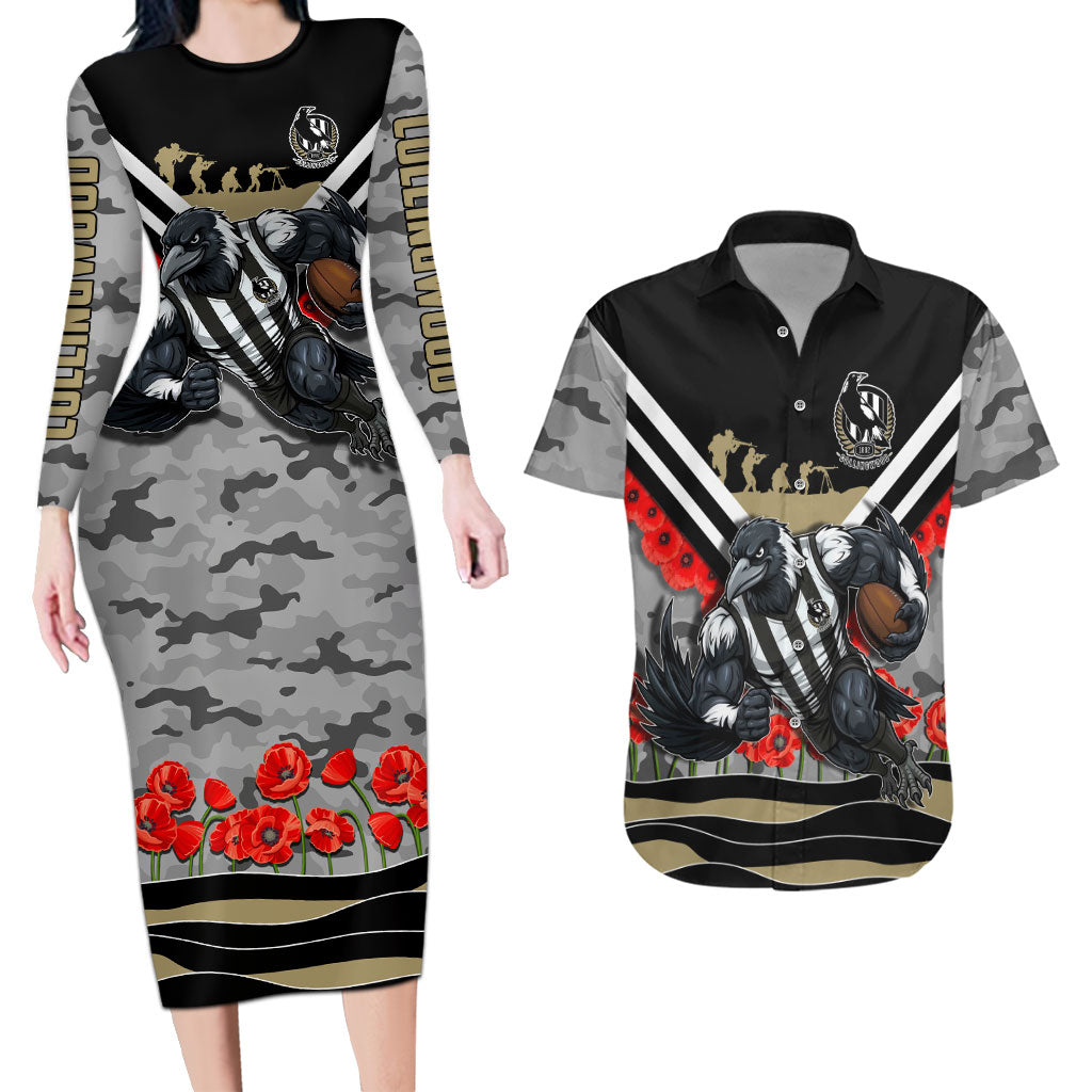 Personalised Collingwood Magpies ANZAC Couples Matching Long Sleeve Bodycon Dress and Hawaiian Shirt Military Remembrance Australian Football Mascot Camouflage