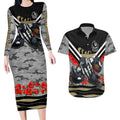 Personalised Collingwood Magpies ANZAC Couples Matching Long Sleeve Bodycon Dress and Hawaiian Shirt Military Remembrance Australian Football Mascot Camouflage