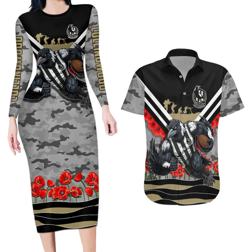 Personalised Collingwood Magpies ANZAC Couples Matching Long Sleeve Bodycon Dress and Hawaiian Shirt Military Remembrance Australian Football Mascot Camouflage