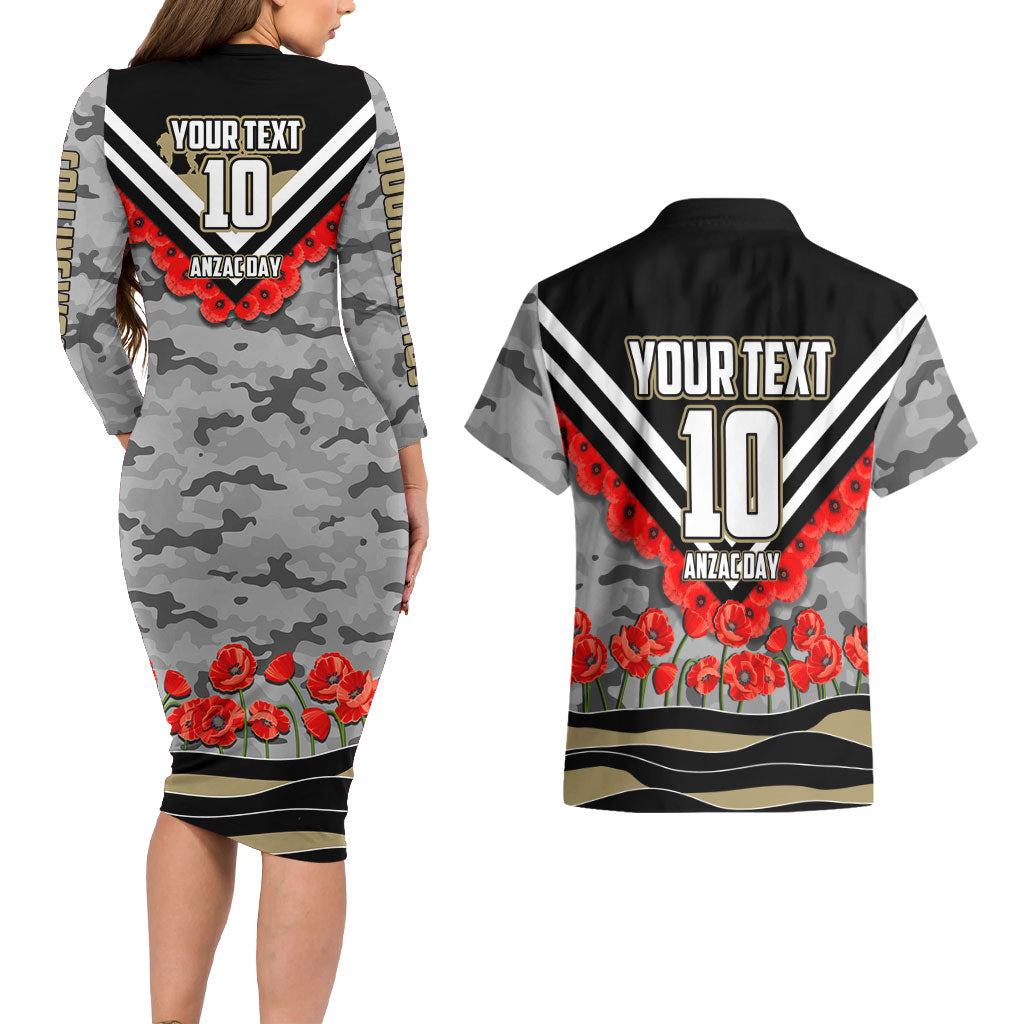 Personalised Collingwood Magpies ANZAC Couples Matching Long Sleeve Bodycon Dress and Hawaiian Shirt Military Remembrance Australian Football Mascot Camouflage
