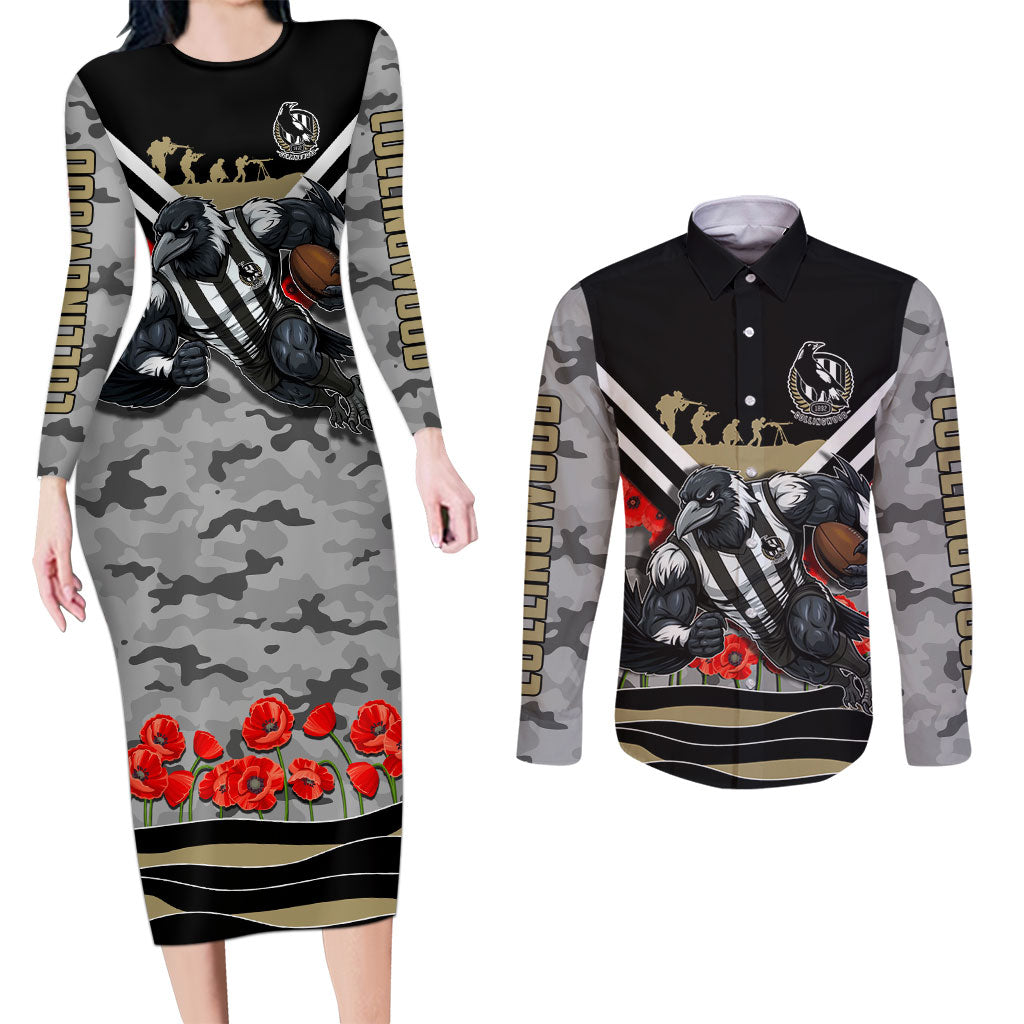 Personalised Collingwood Magpies ANZAC Couples Matching Long Sleeve Bodycon Dress and Long Sleeve Button Shirt Military Remembrance Australian Football Mascot Camouflage