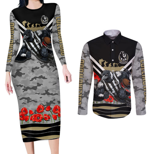 Personalised Collingwood Magpies ANZAC Couples Matching Long Sleeve Bodycon Dress and Long Sleeve Button Shirt Military Remembrance Australian Football Mascot Camouflage