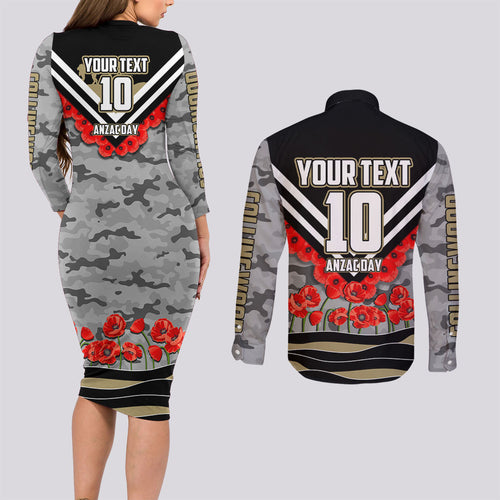 Personalised Collingwood Magpies ANZAC Couples Matching Long Sleeve Bodycon Dress and Long Sleeve Button Shirt Military Remembrance Australian Football Mascot Camouflage