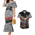 Personalised Collingwood Magpies ANZAC Couples Matching Mermaid Dress and Hawaiian Shirt Military Remembrance Australian Football Mascot Camouflage