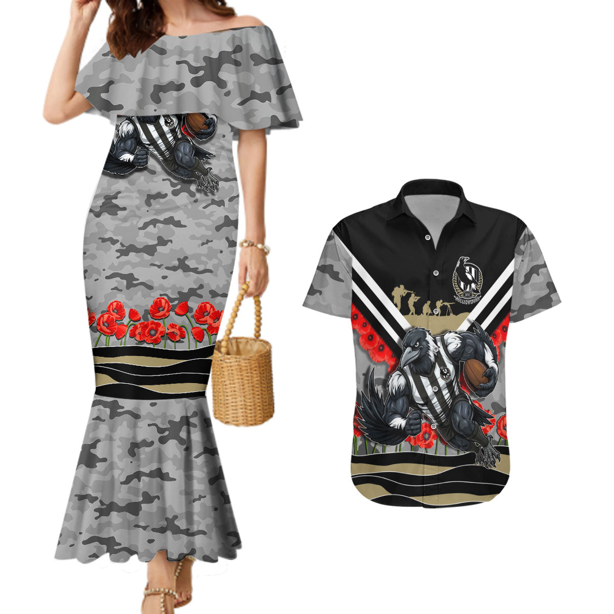 Personalised Collingwood Magpies ANZAC Couples Matching Mermaid Dress and Hawaiian Shirt Military Remembrance Australian Football Mascot Camouflage