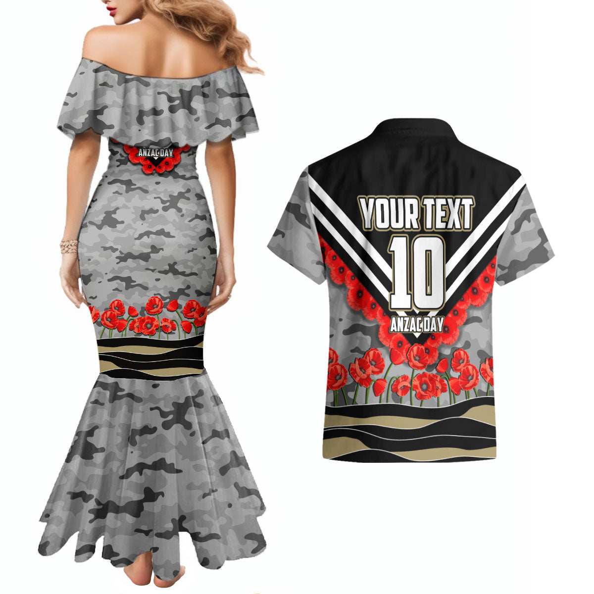 Personalised Collingwood Magpies ANZAC Couples Matching Mermaid Dress and Hawaiian Shirt Military Remembrance Australian Football Mascot Camouflage