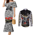 Personalised Collingwood Magpies ANZAC Couples Matching Mermaid Dress and Long Sleeve Button Shirt Military Remembrance Australian Football Mascot Camouflage