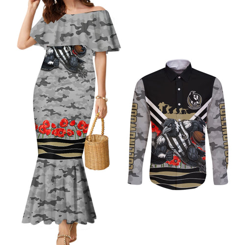 Personalised Collingwood Magpies ANZAC Couples Matching Mermaid Dress and Long Sleeve Button Shirt Military Remembrance Australian Football Mascot Camouflage