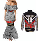 Personalised Collingwood Magpies ANZAC Couples Matching Mermaid Dress and Long Sleeve Button Shirt Military Remembrance Australian Football Mascot Camouflage