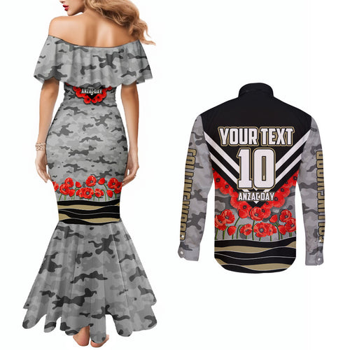 Personalised Collingwood Magpies ANZAC Couples Matching Mermaid Dress and Long Sleeve Button Shirt Military Remembrance Australian Football Mascot Camouflage