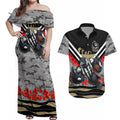 Personalised Collingwood Magpies ANZAC Couples Matching Off Shoulder Maxi Dress and Hawaiian Shirt Military Remembrance Australian Football Mascot Camouflage