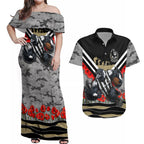 Personalised Collingwood Magpies ANZAC Couples Matching Off Shoulder Maxi Dress and Hawaiian Shirt Military Remembrance Australian Football Mascot Camouflage