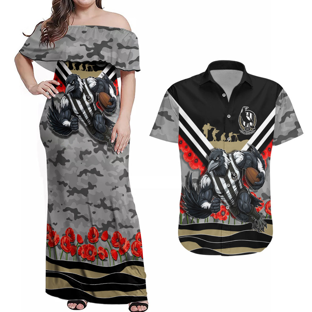 Personalised Collingwood Magpies ANZAC Couples Matching Off Shoulder Maxi Dress and Hawaiian Shirt Military Remembrance Australian Football Mascot Camouflage