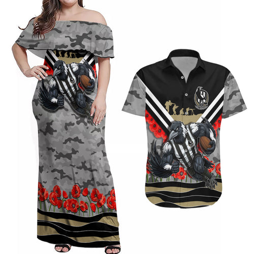 Personalised Collingwood Magpies ANZAC Couples Matching Off Shoulder Maxi Dress and Hawaiian Shirt Military Remembrance Australian Football Mascot Camouflage