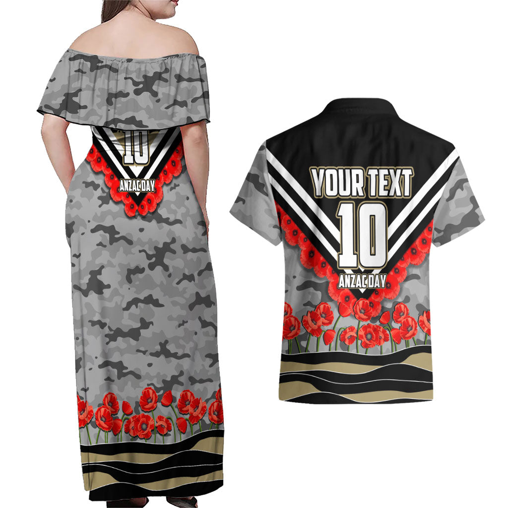 Personalised Collingwood Magpies ANZAC Couples Matching Off Shoulder Maxi Dress and Hawaiian Shirt Military Remembrance Australian Football Mascot Camouflage