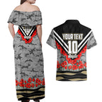 Personalised Collingwood Magpies ANZAC Couples Matching Off Shoulder Maxi Dress and Hawaiian Shirt Military Remembrance Australian Football Mascot Camouflage