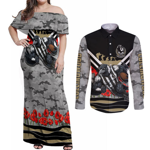 Personalised Collingwood Magpies ANZAC Couples Matching Off Shoulder Maxi Dress and Long Sleeve Button Shirt Military Remembrance Australian Football Mascot Camouflage