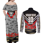Personalised Collingwood Magpies ANZAC Couples Matching Off Shoulder Maxi Dress and Long Sleeve Button Shirt Military Remembrance Australian Football Mascot Camouflage