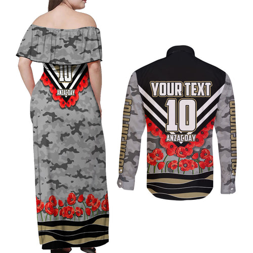 Personalised Collingwood Magpies ANZAC Couples Matching Off Shoulder Maxi Dress and Long Sleeve Button Shirt Military Remembrance Australian Football Mascot Camouflage