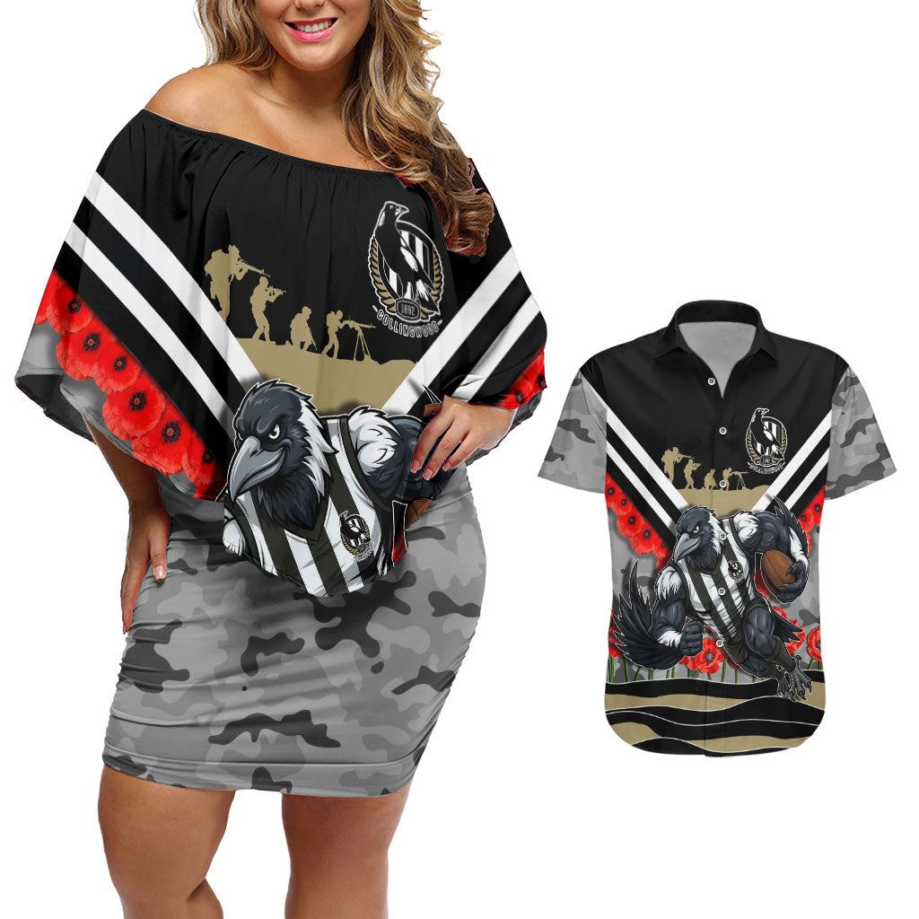 Personalised Collingwood Magpies ANZAC Couples Matching Off Shoulder Short Dress and Hawaiian Shirt Military Remembrance Australian Football Mascot Camouflage