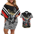 Personalised Collingwood Magpies ANZAC Couples Matching Off Shoulder Short Dress and Hawaiian Shirt Military Remembrance Australian Football Mascot Camouflage