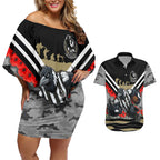 Personalised Collingwood Magpies ANZAC Couples Matching Off Shoulder Short Dress and Hawaiian Shirt Military Remembrance Australian Football Mascot Camouflage
