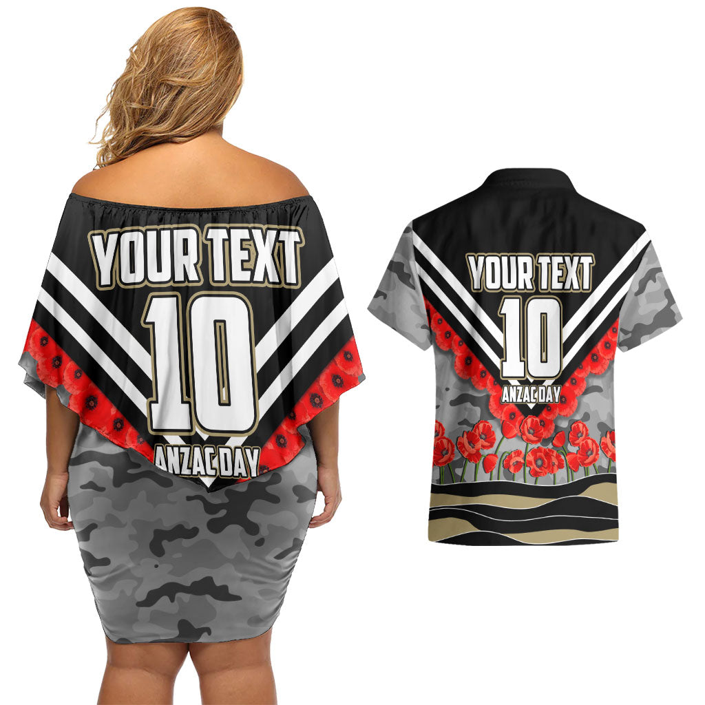 Personalised Collingwood Magpies ANZAC Couples Matching Off Shoulder Short Dress and Hawaiian Shirt Military Remembrance Australian Football Mascot Camouflage