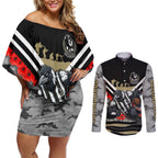 Personalised Collingwood Magpies ANZAC Couples Matching Off Shoulder Short Dress and Long Sleeve Button Shirt Military Remembrance Australian Football Mascot Camouflage