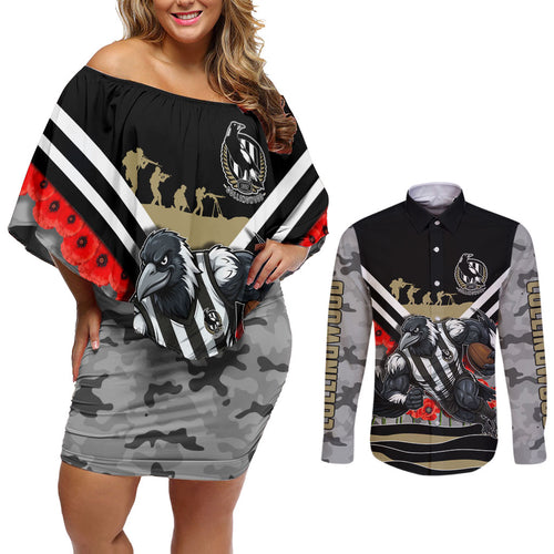 Personalised Collingwood Magpies ANZAC Couples Matching Off Shoulder Short Dress and Long Sleeve Button Shirt Military Remembrance Australian Football Mascot Camouflage