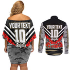 Personalised Collingwood Magpies ANZAC Couples Matching Off Shoulder Short Dress and Long Sleeve Button Shirt Military Remembrance Australian Football Mascot Camouflage