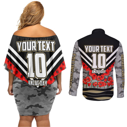 Personalised Collingwood Magpies ANZAC Couples Matching Off Shoulder Short Dress and Long Sleeve Button Shirt Military Remembrance Australian Football Mascot Camouflage