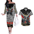 Personalised Collingwood Magpies ANZAC Couples Matching Off The Shoulder Long Sleeve Dress and Hawaiian Shirt Military Remembrance Australian Football Mascot Camouflage