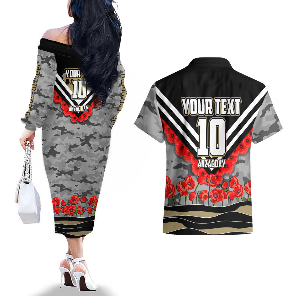 Personalised Collingwood Magpies ANZAC Couples Matching Off The Shoulder Long Sleeve Dress and Hawaiian Shirt Military Remembrance Australian Football Mascot Camouflage