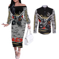Personalised Collingwood Magpies ANZAC Couples Matching Off The Shoulder Long Sleeve Dress and Long Sleeve Button Shirt Military Remembrance Australian Football Mascot Camouflage