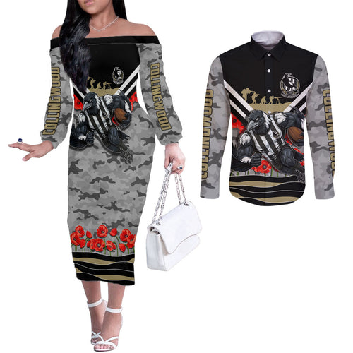 Personalised Collingwood Magpies ANZAC Couples Matching Off The Shoulder Long Sleeve Dress and Long Sleeve Button Shirt Military Remembrance Australian Football Mascot Camouflage