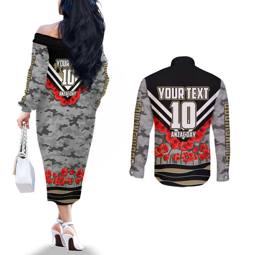 Personalised Collingwood Magpies ANZAC Couples Matching Off The Shoulder Long Sleeve Dress and Long Sleeve Button Shirt Military Remembrance Australian Football Mascot Camouflage