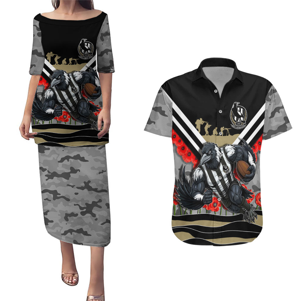 Personalised Collingwood Magpies ANZAC Couples Matching Puletasi and Hawaiian Shirt Military Remembrance Australian Football Mascot Camouflage