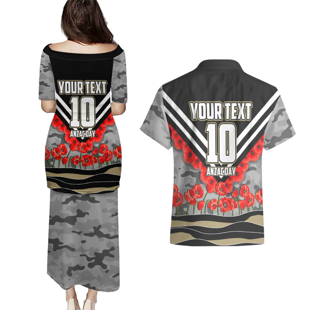 Personalised Collingwood Magpies ANZAC Couples Matching Puletasi and Hawaiian Shirt Military Remembrance Australian Football Mascot Camouflage