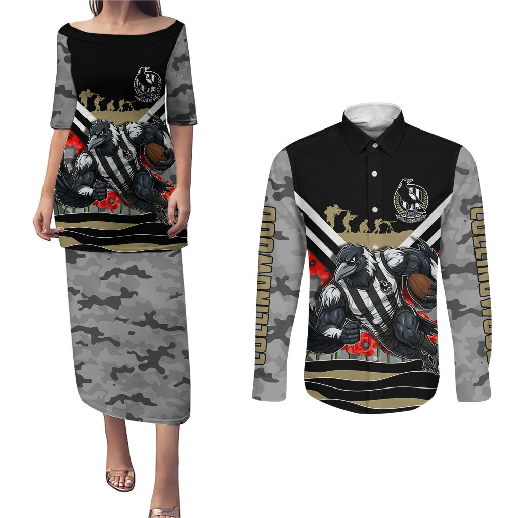 Personalised Collingwood Magpies ANZAC Couples Matching Puletasi and Long Sleeve Button Shirt Military Remembrance Australian Football Mascot Camouflage