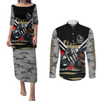 Personalised Collingwood Magpies ANZAC Couples Matching Puletasi and Long Sleeve Button Shirt Military Remembrance Australian Football Mascot Camouflage