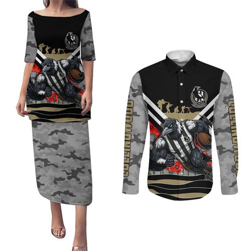 Personalised Collingwood Magpies ANZAC Couples Matching Puletasi and Long Sleeve Button Shirt Military Remembrance Australian Football Mascot Camouflage