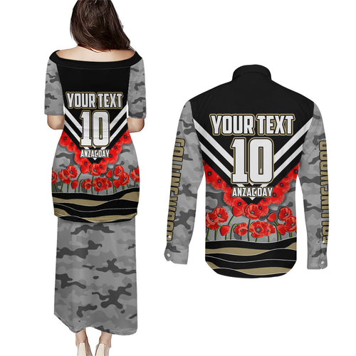 Personalised Collingwood Magpies ANZAC Couples Matching Puletasi and Long Sleeve Button Shirt Military Remembrance Australian Football Mascot Camouflage