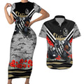 Personalised Collingwood Magpies ANZAC Couples Matching Short Sleeve Bodycon Dress and Hawaiian Shirt Military Remembrance Australian Football Mascot Camouflage