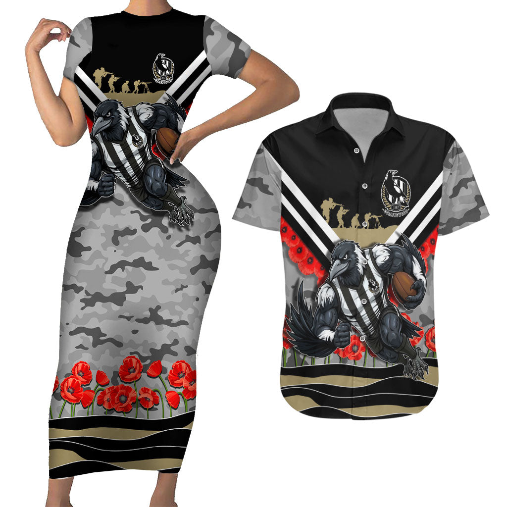Personalised Collingwood Magpies ANZAC Couples Matching Short Sleeve Bodycon Dress and Hawaiian Shirt Military Remembrance Australian Football Mascot Camouflage