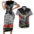 Personalised Collingwood Magpies ANZAC Couples Matching Short Sleeve Bodycon Dress and Hawaiian Shirt Military Remembrance Australian Football Mascot Camouflage