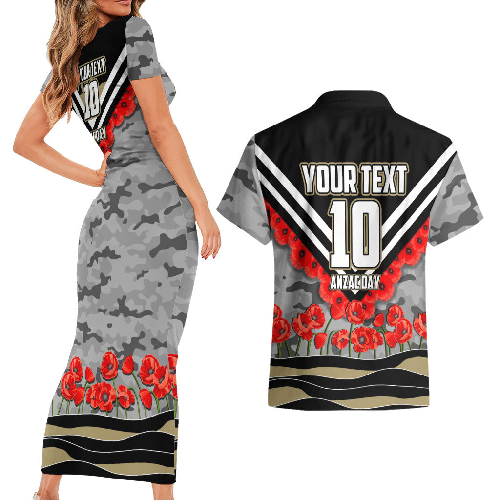 Personalised Collingwood Magpies ANZAC Couples Matching Short Sleeve Bodycon Dress and Hawaiian Shirt Military Remembrance Australian Football Mascot Camouflage